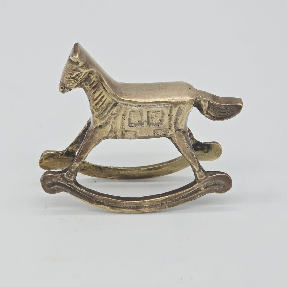 Vintage Solid Brass Rocking Horse 3” Figurine Tail Out Figure Home Decor
